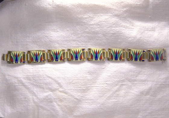 Modieuze armband van verguld metaal en veelkleurig emaille, Egyptisch thema, Art Deco/vintage/etnische stijl, (photo 5 of 5)