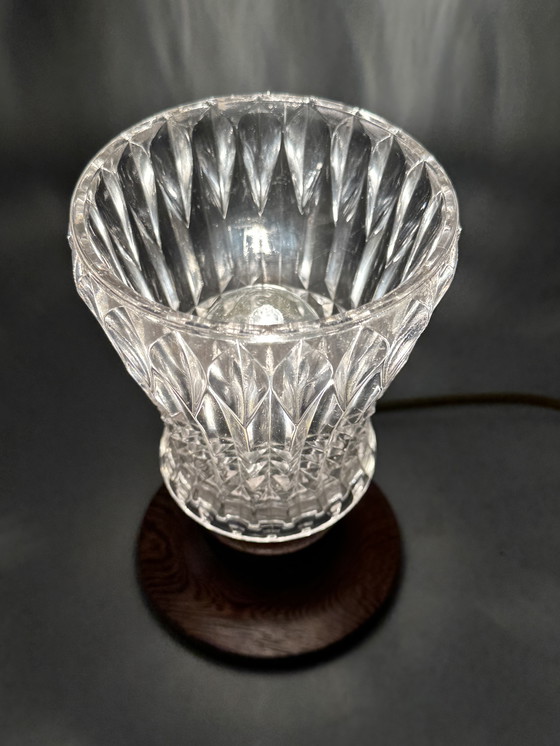 Image 1 of Mid-Century Table Lamp with Cut Glass Shade and Wooden Base – Vintage Design Lighting