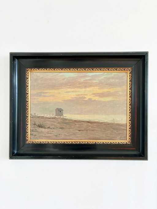 Peinture à l'huile originale vintage représentant une marine, signée, art de plage