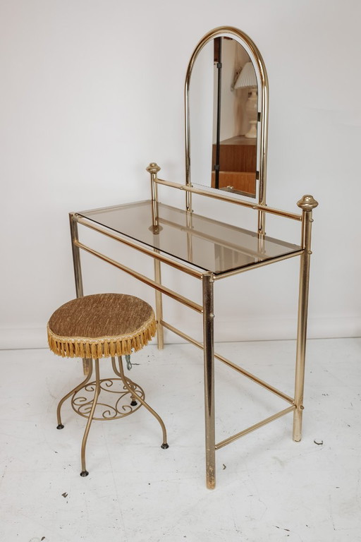 Vintage brass vanity table with stool