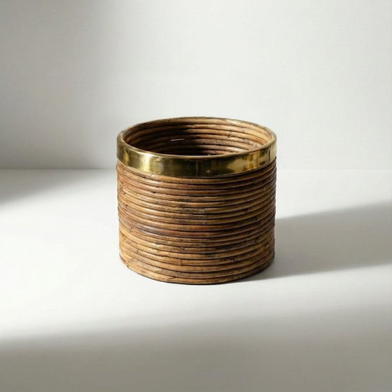 Image 1 of Italiaanse plantenbak van riet en messing uit het midden van de 20e eeuw, jaren 70.