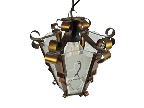 Image 1 of Art Déco - Lampada a sospensione a lanterna - ottone - vetro satinato