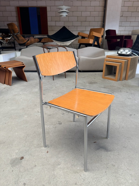 Chaise empilable vintage Gijs van der Sluis (stock: 13), Chaises de salle à manger, Bois, Chrome, Marron (photo 8 sur 15)