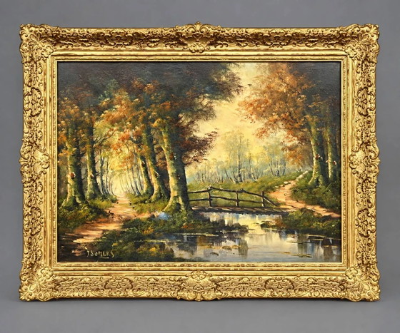 J. Somers, "Paesaggio boschivo." Olio su tela., Dipinti e disegni (foto 8 di 8)