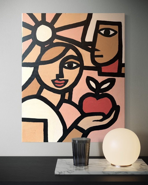 Contemporary woman with apple line art original artwork Alexandre.