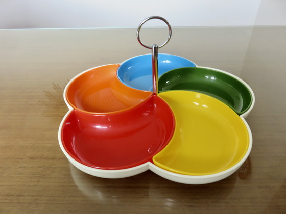 Image 1 of Serviteur à Apéritif, Space Age, Pop, 5 Ramequins Multicolores, Années 70-80