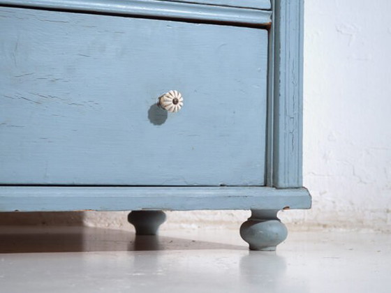 Antique painted pine chest of drawers – Rustic European blue dresser – circa 1900 – Ceramic (photo 11 of 40)