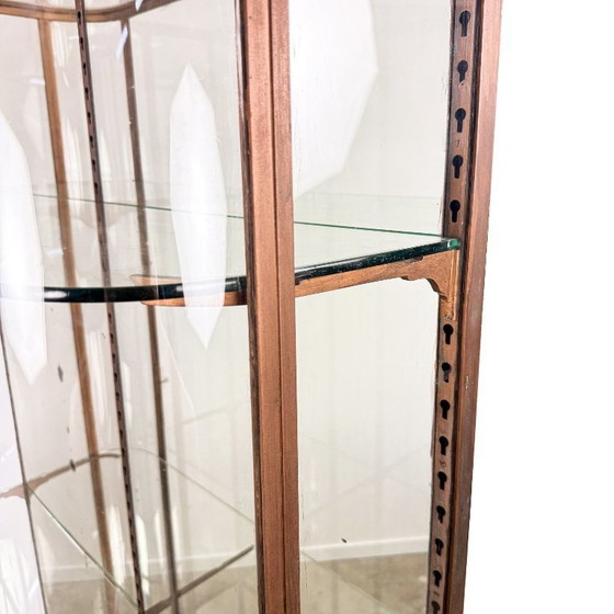 Image 1 of Grote antieke museum vitrinekast met gebogen glas – bronskleurig metalen vitrinekast