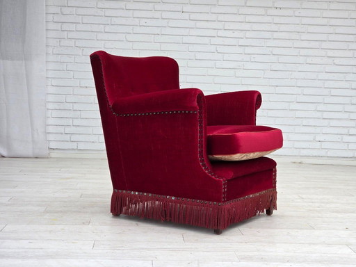 1970s, Danish armchair, red furniture velour, ash wood.