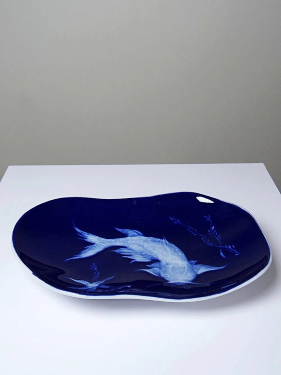 Vide-poche in porcellana smaltata blu di Limoges con design di pesce giapponese., Ciotole, Bianco, Vintage (foto 14 di 15)