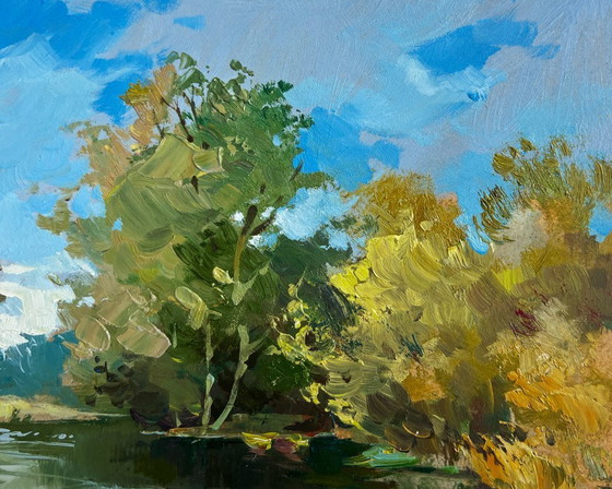 Image 1 of Original Oil Painting Summer River Landscape Boat in green reflections