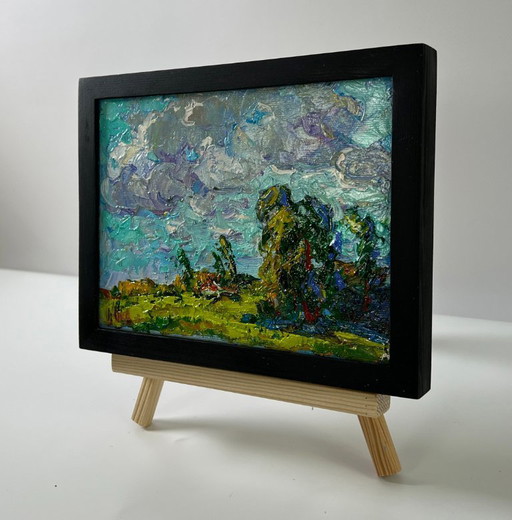 Originales Ölgemälde Sommerliche Naturlandschaft mit schwebenden Wolken – schilderijen tekeningen, Canvas (photo 2 of 8)