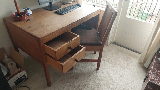 Oak desk and chair. PTT 1930s, Hague school