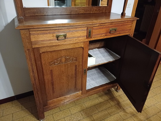 Antiker Eichen-Buffetschrank mit Spiegelaufsatz (Art Deco), Sideboard, Glas, Holz, Braun (Foto 3 von 5)