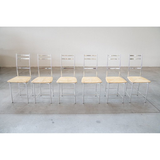 Set of 6 vintage aluminum and straw chairs from Ycami, 1970