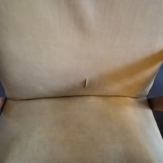 Image 1 of Pair of Vintage 1950s Armchairs with Compass Legs, Beech & Yellow Vinyl, 50s Rockabilly Style