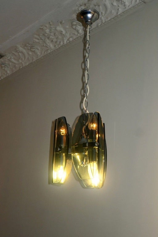 Mid Century Italienische Pendellampe mit 9 facettierten Glaspaneelen