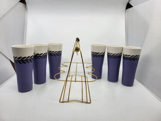 Erdecor Orangeade Basket and Cups, France, 1950, Set of 7, Tableware, Ceramic, Gold, Black (photo 4 of 11)