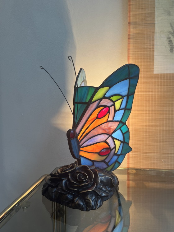 Image 1 of Set Of 2 Stained Glass Table Lamps Butterfly Lamps