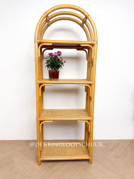Vintage rattan bamboo arched cabinet bookcase