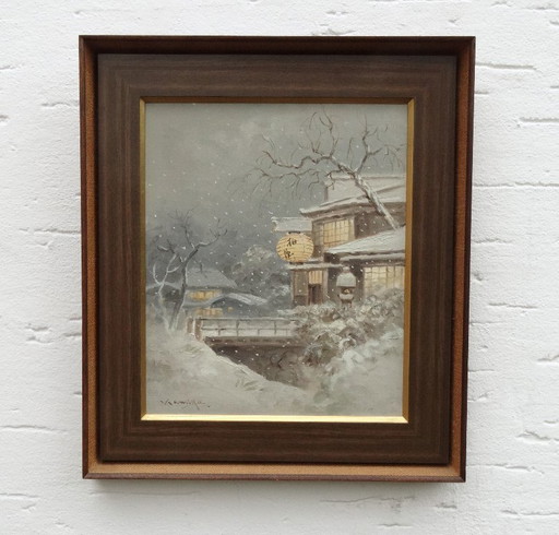 Winterlight in Japan, winter evening, Japanese village in the snow