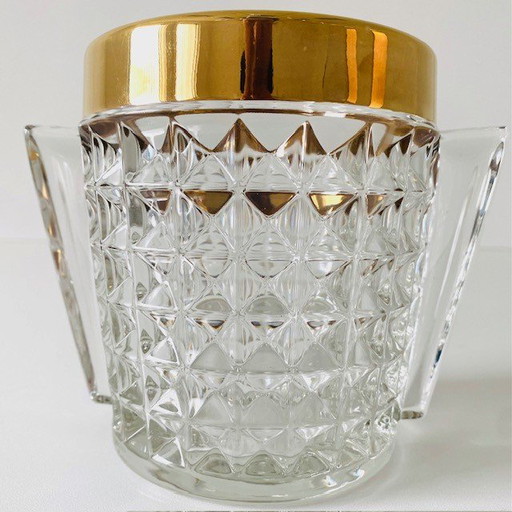 Mid - Century Ice bucket heavy cut crystal with handles brass 1950's