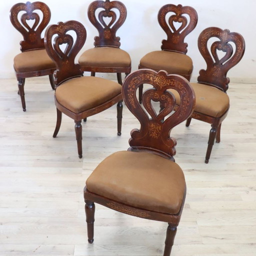Set di 6 sedie antiche intarsiate in noce, Italia, XIX secolo.