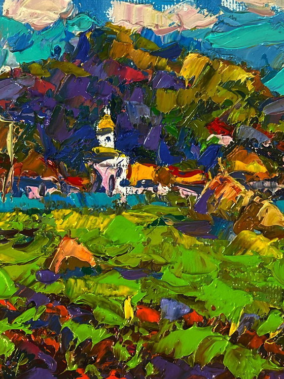Image 1 of Peinture à l'huile originale représentant un paysage rural. Un village se dessine au loin.