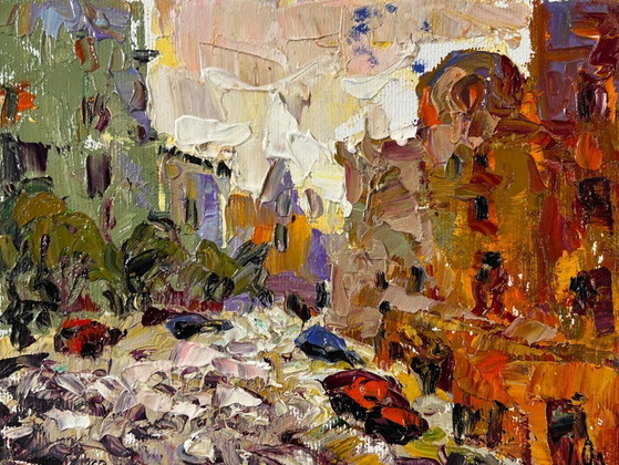 Image 1 of Origineel olieverfschilderij: Somber straatlandschap, stad in de ochtend.