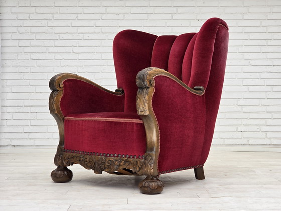 Image 1 of Chaise relax danoise des années 1960, velours de meuble rouge cerise, bois de chêne