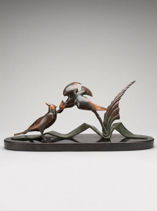 Marcel GUILLEMARD (1886–1932) / Atelier Primavera — Coppia di Cince dal Ciuffo, Importante Scultura Art Déco (77 cm)