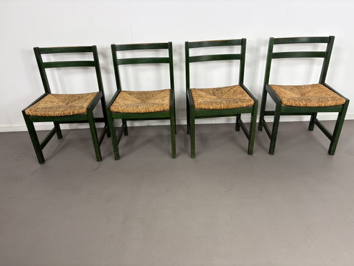 4 Beech Green Lacquered Dining Chairs with Rush Seats