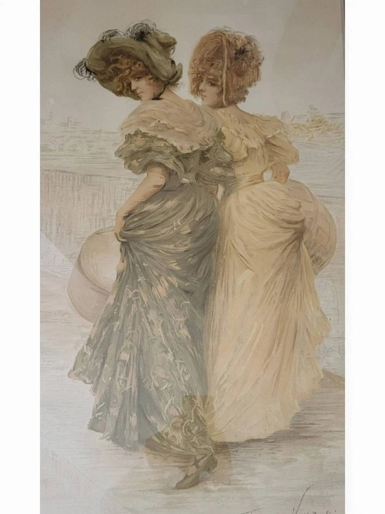 Lithograph, Frédérique Vallet-Bisson, Elegant, 1900s, – Paintings & Drawings, Wood, Bamboo (photo 2 of 6)