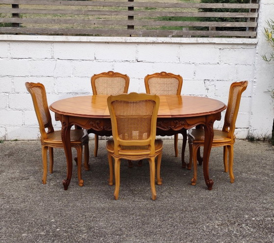 Set Of 5 French Vintage Cane Dining Chairs - 5 Big Cherry Wood Cottage Chairs - Style Louis XV - 80s (photo 10 of 19)