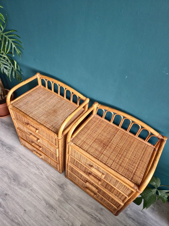 Set vintage di Cassettiere in rattan | 2 mobili | 4 cassetti, Bambù, Giallo (foto 4 di 7)