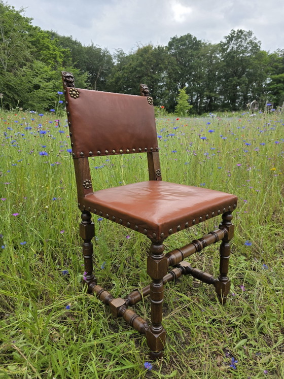 Image 1 of Set of 4 vintage oak chairs with leather
