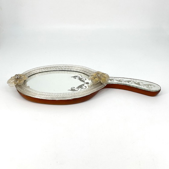 Image 1 of Venetiaanse Murano handspiegel/wandspiegel met glazen bloemen, Italië jaren 1940/50