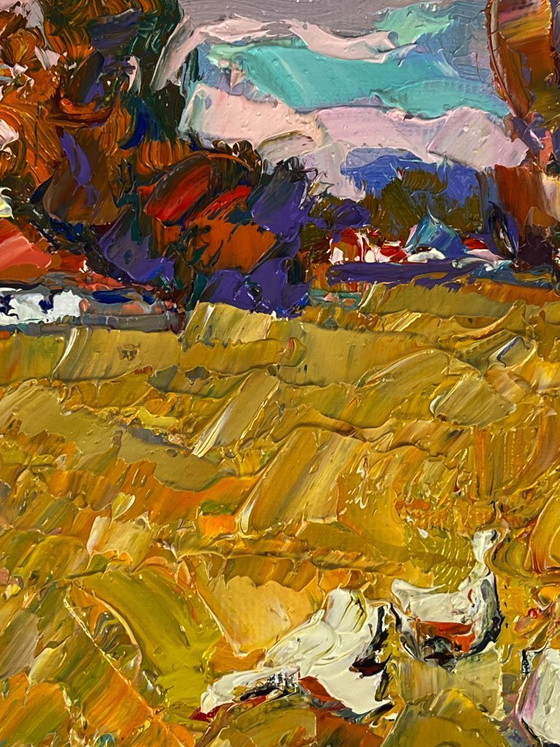 Image 1 of Peinture à l'huile originale, paysage rural, oies, vie à la campagne, promenade d'automne dans le village