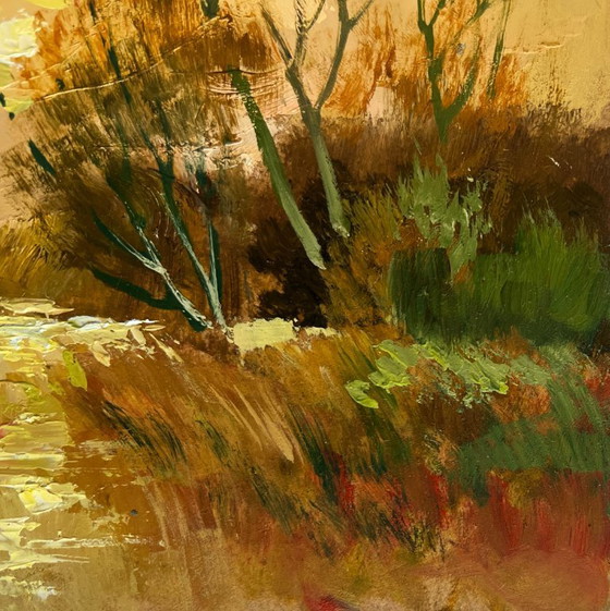 Image 1 of Origineel olieverfschilderij: Herfstboslandschap. Een rustige avond in oranje tinten.