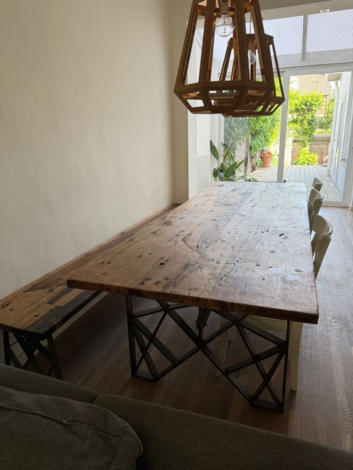 Wooden table + bench with steel frame 305 cm 