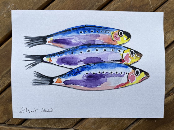 Image 1 of Gesigneerde aquarel. 2023. Thema: sardines.