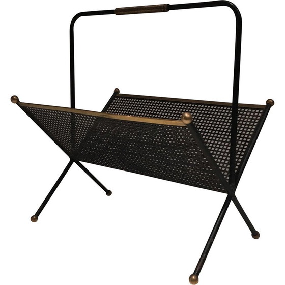 Image 1 of Vintage magazine rack in black lacquered metal and brass, France 1950