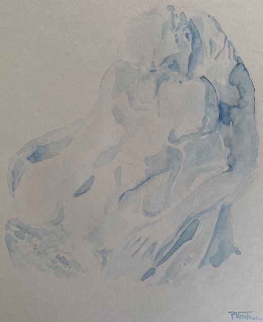 Monochroom blauwe aquarel van het standbeeld "De Kus" van Auguste Rodin.