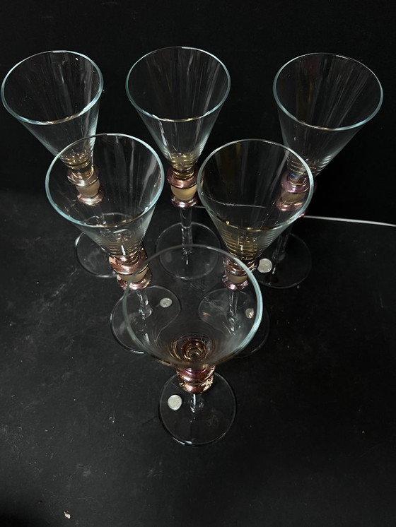 Image 1 of set of 6 champagne glasses clear with gold and dinner glass