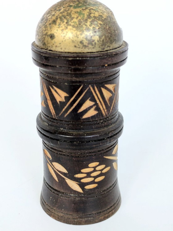 Image 1 of Vintage Folk Art Carved Wooden Pepper Mill Brass Hand Crank Mediterranean Rustic