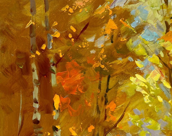 Image 1 of Origineel olieverfschilderij: Herfstboslandschap, herfstberkenbos