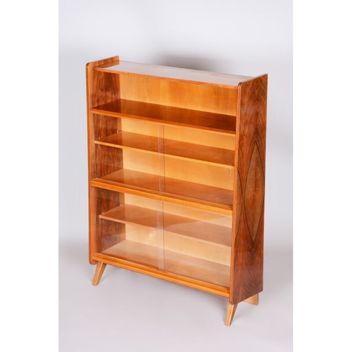 Vintage walnut and glass bookcase by Tatra Pravenec, Czech 1950