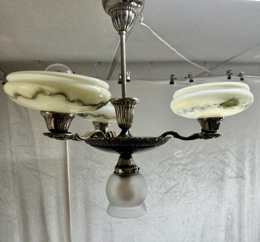 Lampada a Sospensione Stile Art Déco Antico Lampadario Vetro Opale Marmorizzato