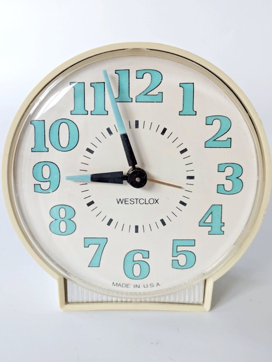 Image 1 of Vintage 1970s Westclox Alarm Clock | Cream and Turquoise, Made in USA