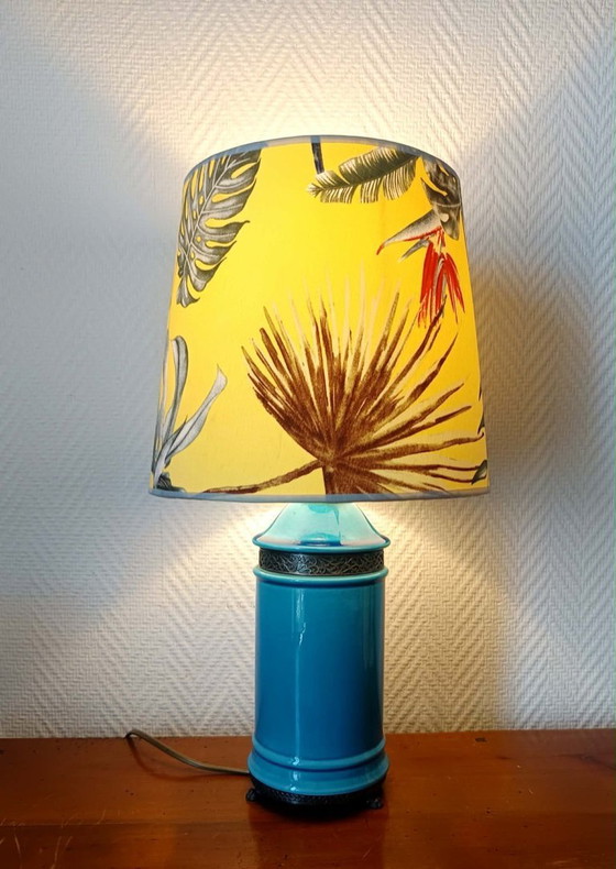 Image 1 of Blue ceramic lamp with claw feet and foliage lampshade